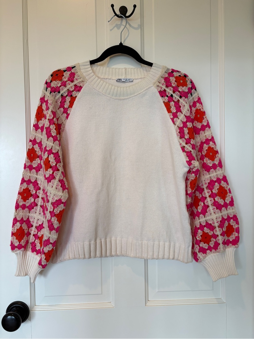 Zara Cream Sweater with Pink & Orange Crochet Sleeves